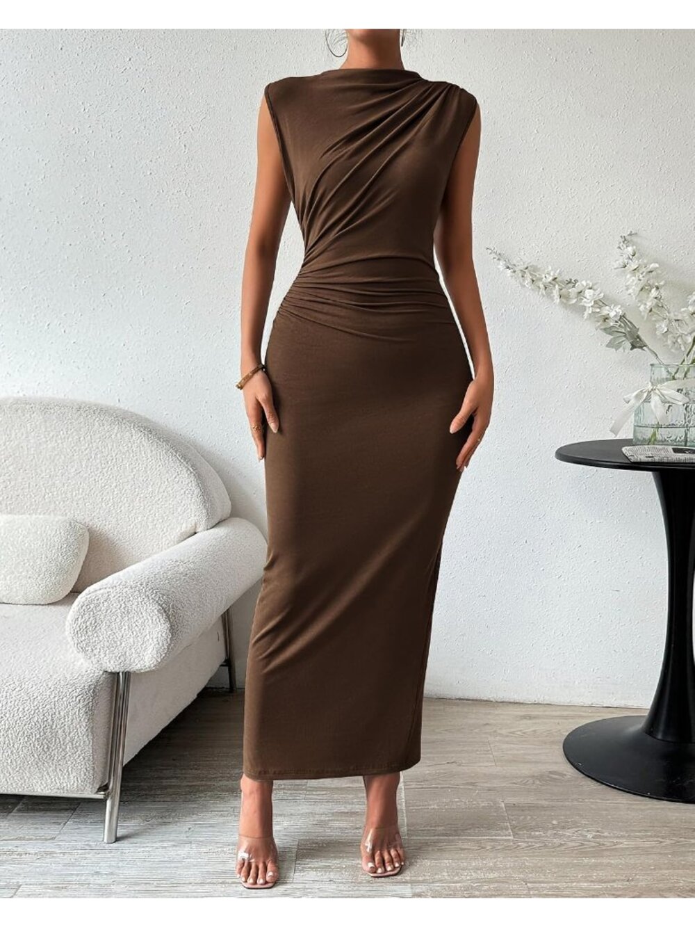 Women's Coffee Summer Casual Back Slit Cocktail Ruched Bodycon Guest Maxi Dress - Picture 2 of 6